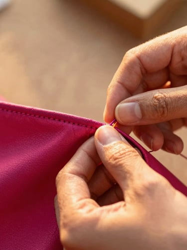 Detailed close-up of artisan hands carefully stitching a fuchsia collar, warm golden-hour light illuminating the thread and leather, shallow depth of field.