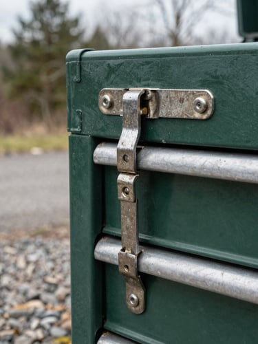 Close-up of heavy-duty steel hinges on a dark green tool chest, overcast natural daylight, weathered gravel background, sharp focus, 35mm lens