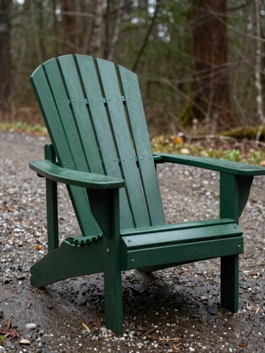 Ground-level shot of a heavy-duty forest green Adirondack chair on a wet gravel path, overcast natural daylight, desaturated forest tones, sharp focus, 35mm lens