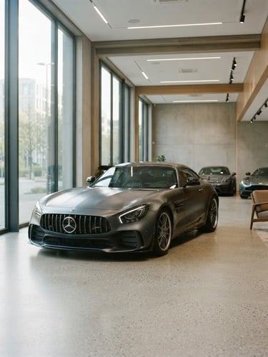 Intérieur lumineux du showroom KMF Automobile, un véhicule d'occasion haut de gamme est garé au centre, lumière naturelle douce filtrant par de grandes baies vitrées, ambiance épurée et moderne, 35mm lens.