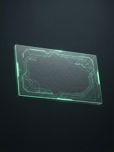 A minimalist 3D render of a floating business card template with highlighted technical vector paths and neon tech green bleed lines, sharp dramatic studio lighting, deep charcoal background, 8k