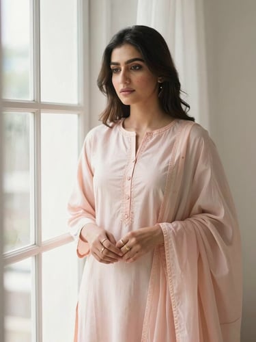 A young Pakistani woman wearing a flowing pastel blush lawn kurta, standing in soft morning window light, delicate gold rings on her fingers, minimal modern aesthetic, 35mm photography