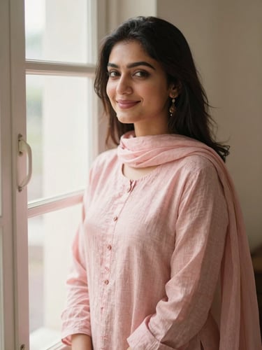 A young Pakistani woman in a soft blush pink linen outfit smiling gently by a sunlit window, soft editorial photography, diffused morning window light, shallow depth of field, 35mm
