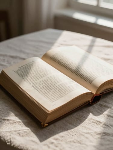 Tactile close-up of an open, leather-bound theological book on a rough linen tablecloth, soft morning window light casting long shadows, warm and contemplative mood.