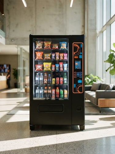 Bright modern photography, eye-level shot of a sleek black vending machine in a sunlit corporate lobby, vibrant orange and blue details on the interface, 35mm