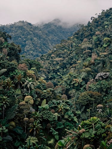 Moody cinematic film photography of a misty mountain forest in Latin America, overcast natural daylight, deep forest greens, 35mm anamorphic lens