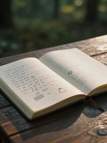 Moody close-up of an open paper journal with handwritten notes and sketches on a dark wooden table, soft golden hour side light, cinematic shadows