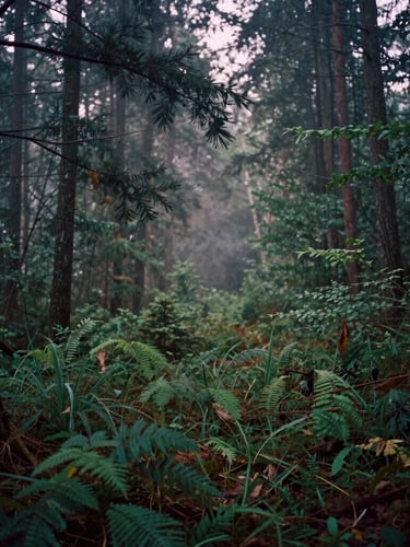 Moody cinematic film photography of a misty forest clearing at dusk, 35mm anamorphic lens, deep forest greens and earthy tones, generous negative space.