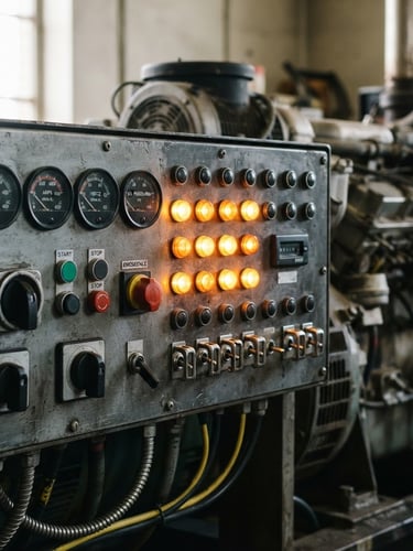 Close-up of a heavy-duty diesel generator control panel with bright amber indicator lights, industrial documentary photography style