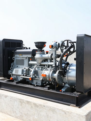 Clean wide shot of a heavy-duty industrial diesel generator unit installed in a concrete enclosure, bright natural daylight, crisp metallic details