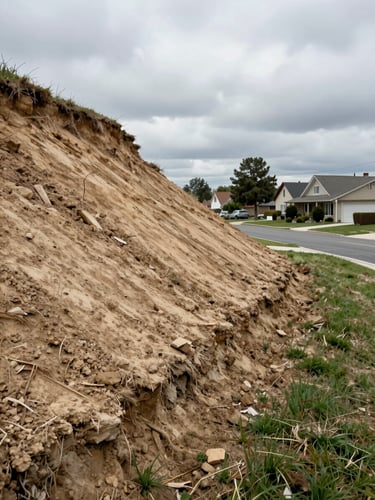 Before photo of the same Saint-Bruno sloped yard, bare exposed clay soil on steep incline, no retaining structure, patchy grass eroded at slope base, suburban street and neighboring house visible at right, overcast daylight
