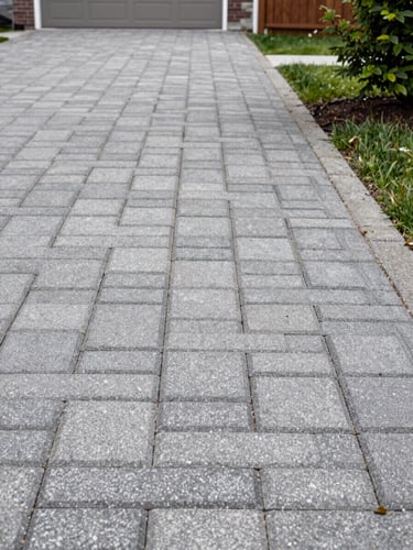 Close-up of freshly installed interlocking paving stones on a residential driveway in Longueuil, overcast natural daylight revealing precise seam joints and aggregate texture, neighboring fence and mature tree visible at right edge