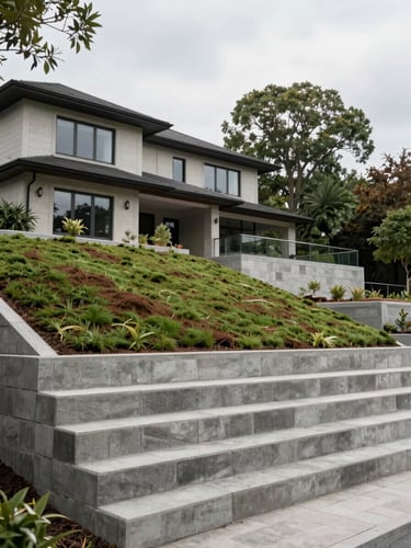 After photo of a large Saint-Bruno residential property, finished retaining wall in concrete block stepping down a gentle slope, fresh sod installed on leveled upper terrace, mature trees in background, soft overcast daylight