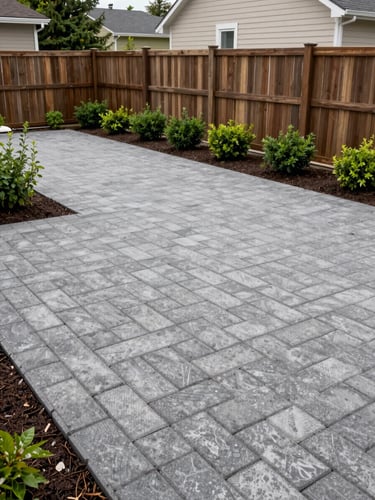 After photo of the same Brossard backyard shot from identical angle, new permeable interlocking pavers laid across full surface, fresh shrub plantings along fence line, dark rich soil visible at edges, overcast natural daylight