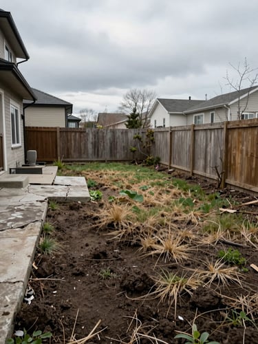 Before photo of a neglected Brossard backyard, overcast daylight, compacted clay soil exposed, patchy dead grass, old cracked concrete pad near fence, neighboring modern home visible at left edge