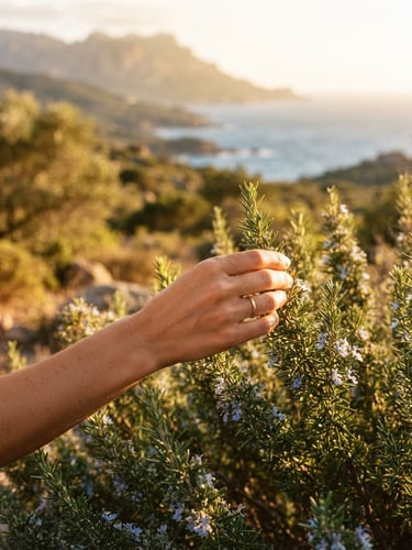 Nahaufnahme einer weiblichen Hand, die sanft wilden Rosmarin in einer sonnenverwöhnten korsischen Landschaft berührt, im Hintergrund verschwimmt die mediterrane Küste in warmem, goldenem Licht, weicher Fokus auf die Textur der Pflanze und der Haut.