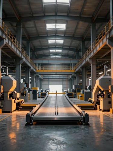 Symmetrical wide shot of a modern industrial warehouse interior with automated cargo sorting systems, cinematic side lighting, amber highlights on metallic structures