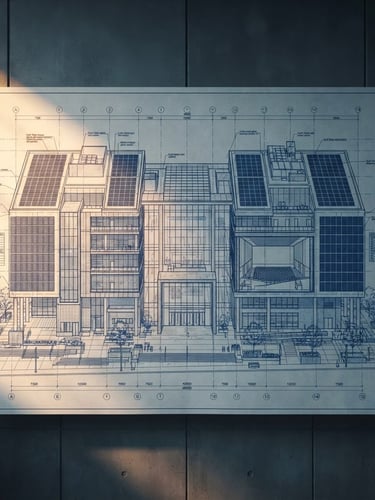 Symmetrical architectural blueprint elevation of a modern solar-integrated civic center, side-lit with high-contrast amber and slate tones, technical drafting lines visible