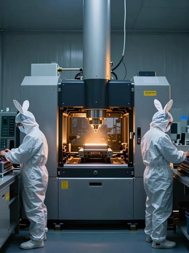 Symmetrical wide shot of an industrial cleanroom facility, technicians in white bunny suits operating semiconductor lithography equipment under cool blue side-lighting with dramatic amber accents