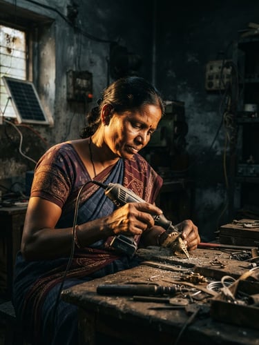 Dramatic high-contrast portrait of a rural Telangana woman artisan working with solar-powered tools, side-lit with warm golden light, dark industrial background, sharp details.