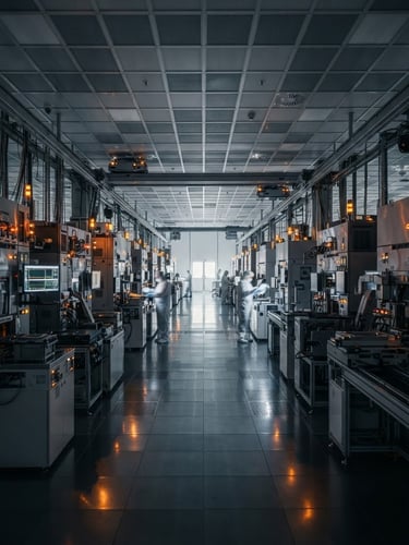 Symmetrical wide shot of a modern automated semiconductor fabrication cleanroom, cool slate tones with warm amber status lights, cinematic industrial photography