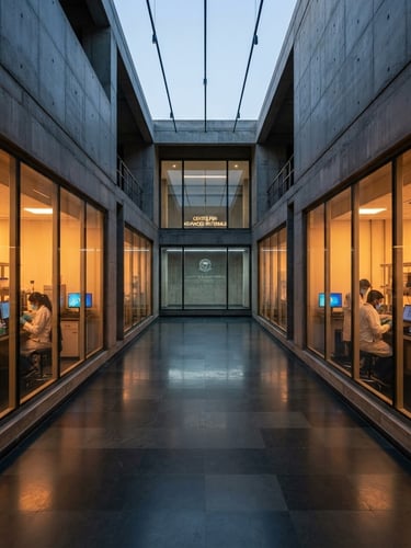 Symmetrical wide-angle shot of a minimalist concrete and slate university laboratory in Telangana, sharp architectural perspective, warm amber light glowing from cleanroom windows.