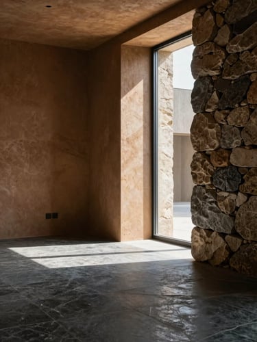 Interior architectural shot of a modern clean space utilizing natural clay and local stone, side-lit by dramatic window light, high-contrast shadows