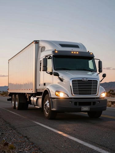 Low-angle heroic shot of a clean Class 8 truck on an open Arizona highway at dusk, amber running lights glowing, deep long shadows.
