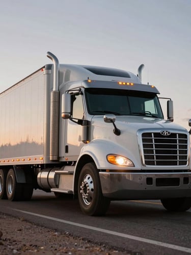 Low-angle heroic wide shot of a clean Class 8 truck with amber running lights glowing, driving on an open Arizona highway under high-contrast twilight sky