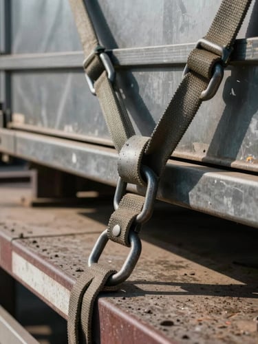 Extreme close-up of heavy-duty cargo tie-downs and secured freight on a flatbed, hard high-contrast sunlight casting sharp industrial shadows.
