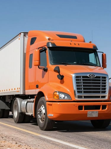 Low-angle heroic shot of a clean Class 8 truck in motion on an open Southwest highway, bright safety-orange detailing, high-contrast desert sunlight.