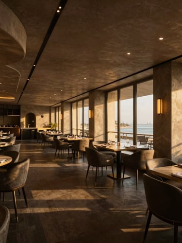 A premium modern Dubai restaurant interior, captured in a wide-angle 360 virtual tour preview, dramatic golden hour architectural lighting, deep shadows