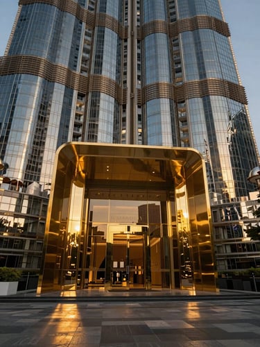 Wide-angle architectural shot of a luxury retail entrance in Downtown Dubai, dramatic golden-hour lighting, sharp reflections on glass, 35mm