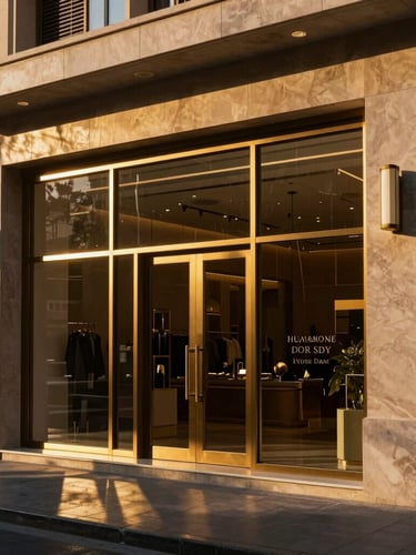 Wide-angle premium architectural photograph of a luxury Dubai storefront at golden hour, dramatic high-contrast lighting, sharp details