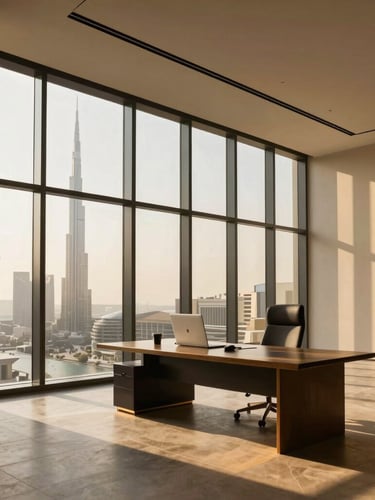 Interior architectural photography of a premium modern workspace in Dubai, warm sunlight streaming through floor-to-ceiling windows, deep shadows, 35mm