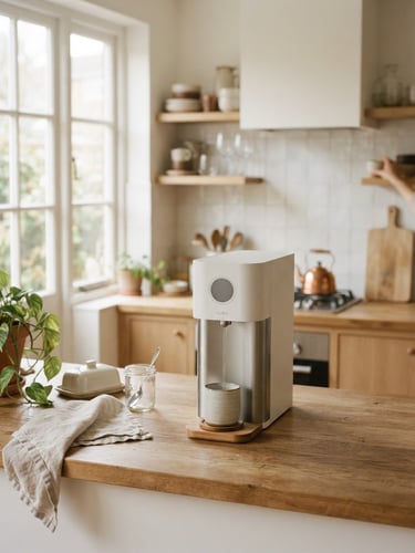 Warm editorial photography of a bright Scandinavian kitchen, soft morning window light, a minimalist water generator on a wooden counter, shallow depth of field, 35mm