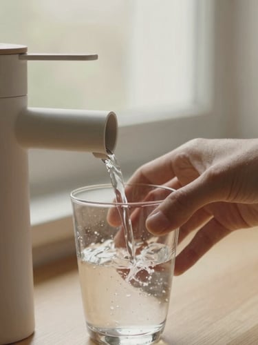 Close-up of a hand pouring fresh, pure water from a minimal Scandinavian-style dispenser into a clean glass, soft morning light filtering through a kitchen window, warm wood tones.