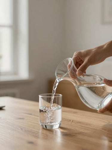 Close-up of hands pouring crystal-clear water from an elegant carafe in a light-filled modern office, soft natural light, minimalist wooden desk, warm muted tones