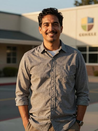 Portrait of a male community organizer standing outdoors near a community center, smiling, warm golden hour light