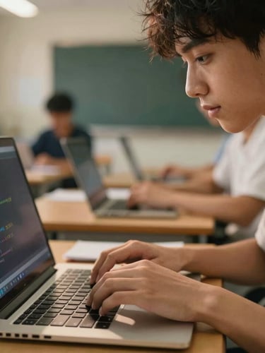 Close-up of a student typing code on a laptop, warm side-lighting illuminating her focused expression, professional classroom setting.