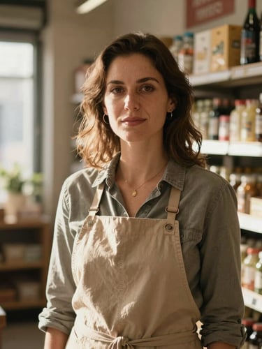 A proud local woman entrepreneur standing in her sunlit grocery store, looking confidently into the camera, warm natural side-light, medium portrait.