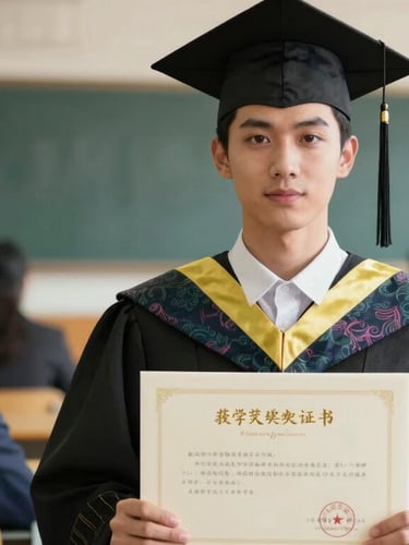 A proud graduate holding a technical certificate, direct confident eye contact, warm natural lighting, classroom setting