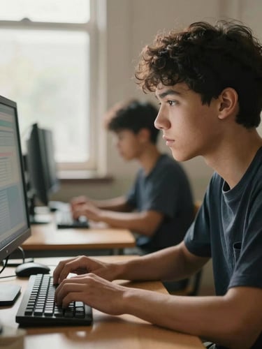 A medium close-up of a student looking intently at a computer screen in a naturally lit classroom, warm side-lighting from a window, hands typing on a keyboard.