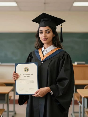 A proud female graduate of Noor Development Group standing in a modern classroom, holding her certificate, looking confidently at the camera, warm natural side-light