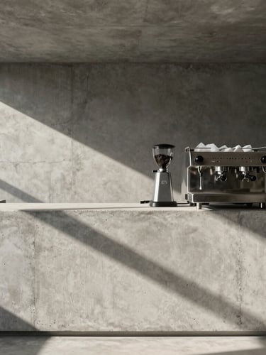 Vertical architectural shot of a raw concrete espresso bar, sharp natural light casting long diagonal shadows, minimalist steel espresso machine, 35mm