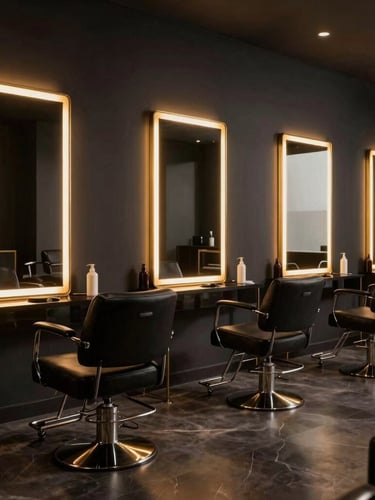 Wide cinematic environmental shot of an empty high-end luxury salon in Mumbai, featuring gold-accented mirrors, black leather styling chairs, and warm ambient lighting