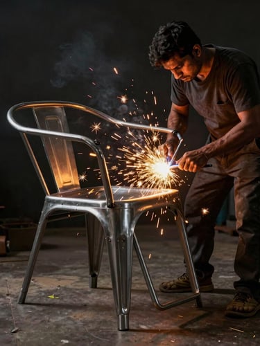 Wide shot of a skilled Indian craftsman welding a heavy-gauge steel salon chair frame, bright golden sparks flying against a dark industrial background