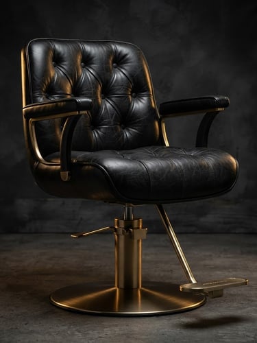 Dramatic low-key studio shot of a black leather styling chair with brushed gold hydraulic base, rich textures, dark charcoal background