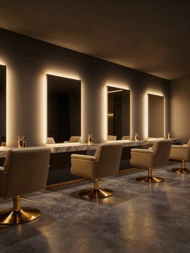 Wide-angle luxury salon interior, empty sleek leather chairs with gold bases, soft ambient golden lighting, clean modern design, cinematic 16:9 portrait crop.