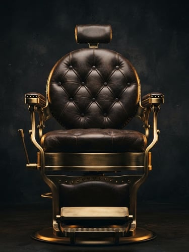 Dramatic low-key product photography of a premium hydraulic barber chair, dark charcoal background, warm golden-hour rim lighting on brushed gold accents, rich leather textures, 85mm macro lens